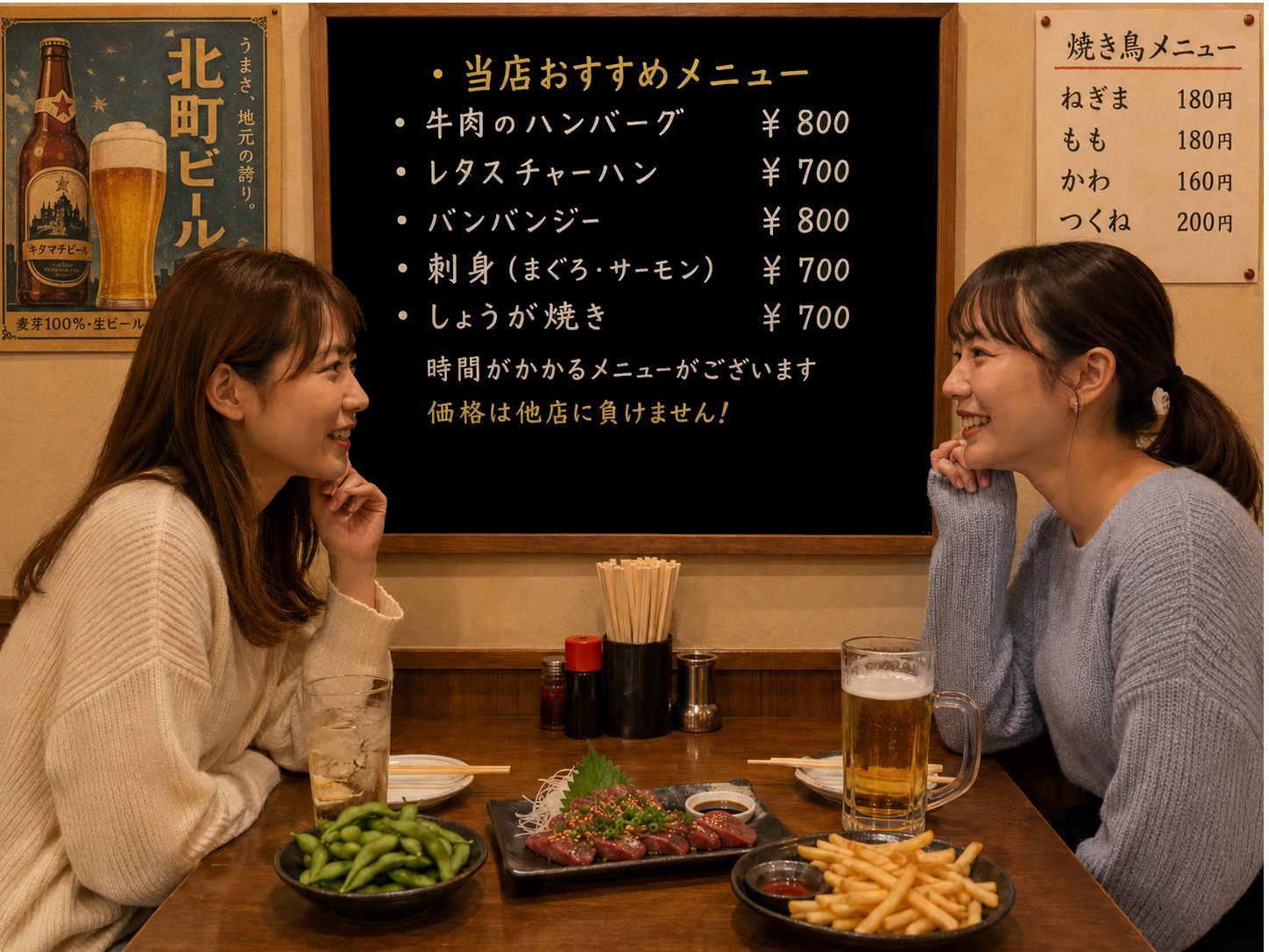 居酒屋あおぼしの店内。黒板のおすすめメニューと二人の女性客、テーブルに料理が並んでいる。